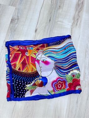 Vintage Laurel Burch silk scarf colorful fish birds beads & sequins mermaids